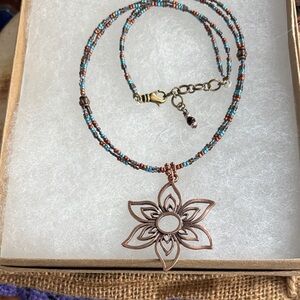 Elegant Copper Floral Pendant Necklace with Beaded Chain